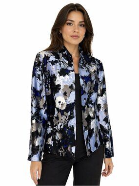 Kasper Suit Jacket Blazer 14 Blue Black Gray Floral Open Front Summer